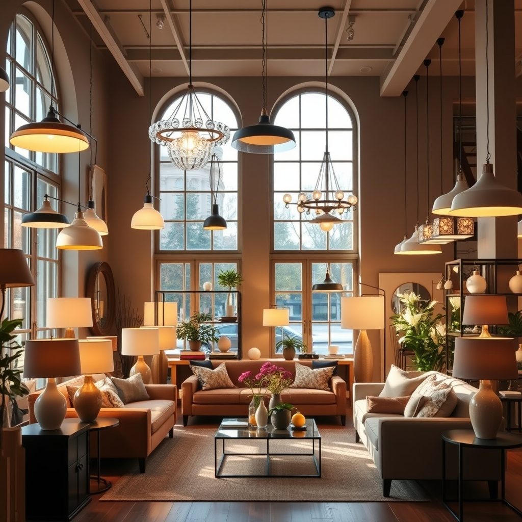 Lighting showroom with various fixtures